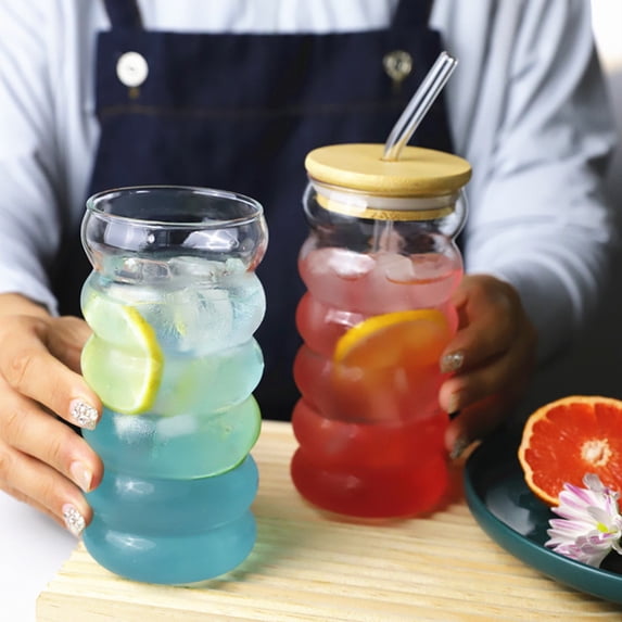 Waroomhouse 300ML/450ML Drinking Glasses - High Temperature Resistant Glass with Lids Straws Brush Wave Design Water Cups for Beer Iced Coffee Cocktails Multi-purpose Glass Tumbler for Home Bar