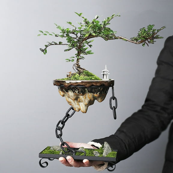 Waroomhouse Ceramic Bonsai Planter Pot, Succulent Planter Pot Simulation Rockery Chain Suspension Hanging Iron Art Pot Ornament for Indoor Plants, Living Room Decor