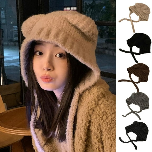 Waroomhouse Ear Protection Lace-up Winter Hat Women Solid Color Bear Ear Decor Knitted Hat Daily Accessories