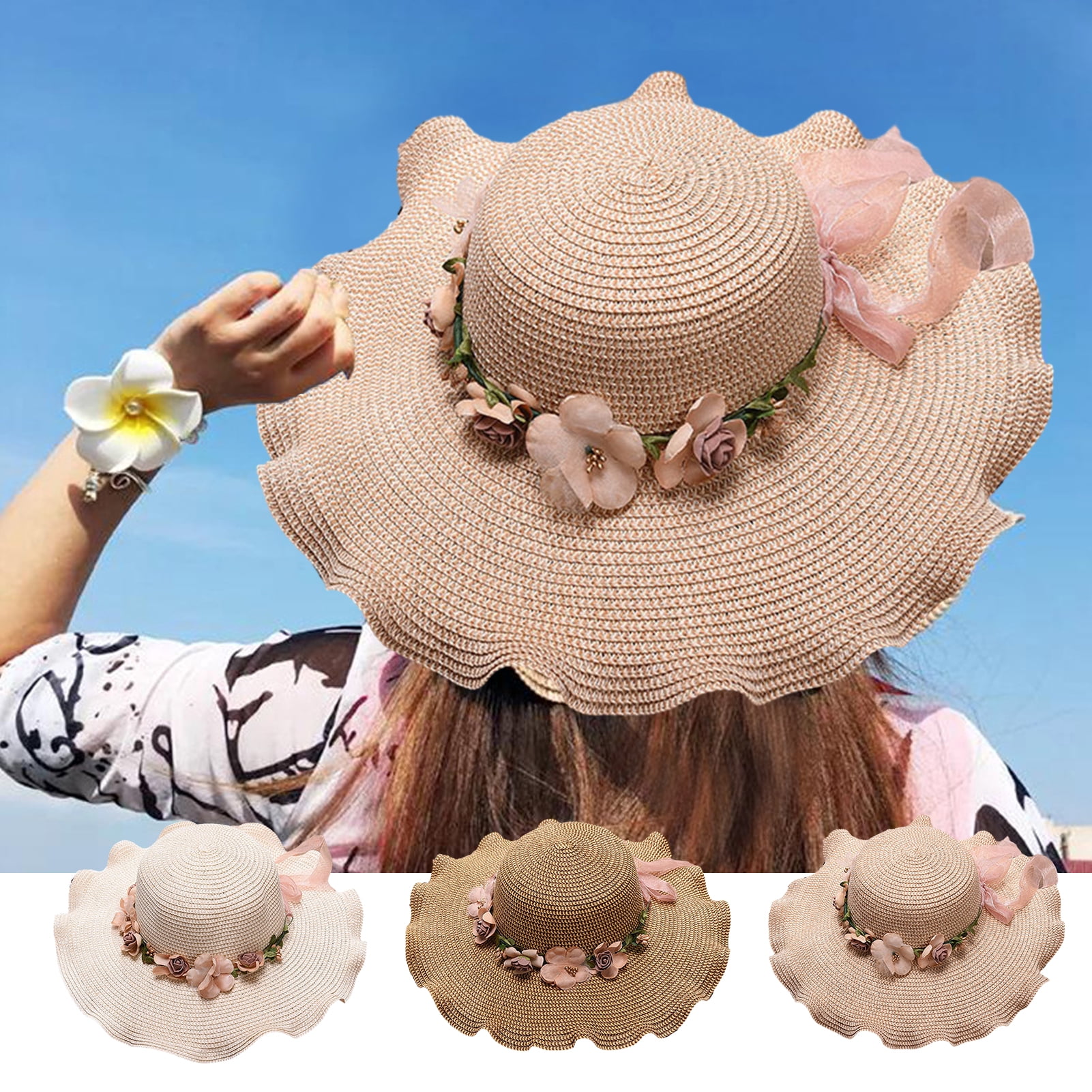 Waroomhouse Flower Decor Lace-up Bowknot Sun Hat Round Dome Sweat