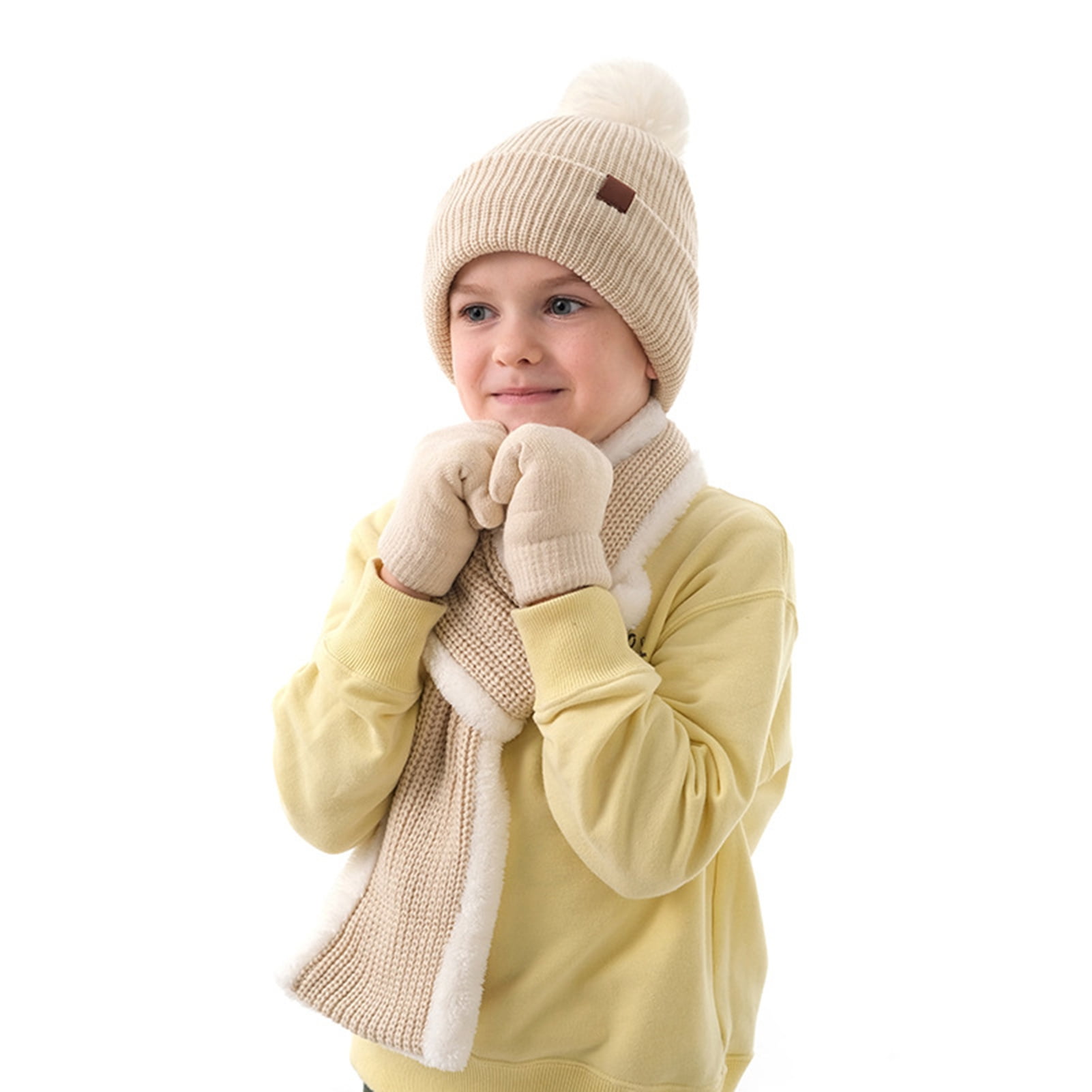 Waroomhouse Kids Beanie with Pom Pom Girls Hat Scarf Glove Set 3pcs/set Kids Hat Gloves Scarf