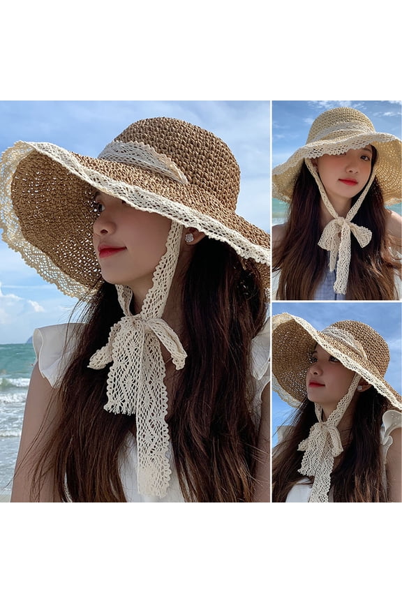 Lace Trim Tied Up Round Dome Sun Hat Women Big Brim Floppy Straw Hat Fashion Accessories