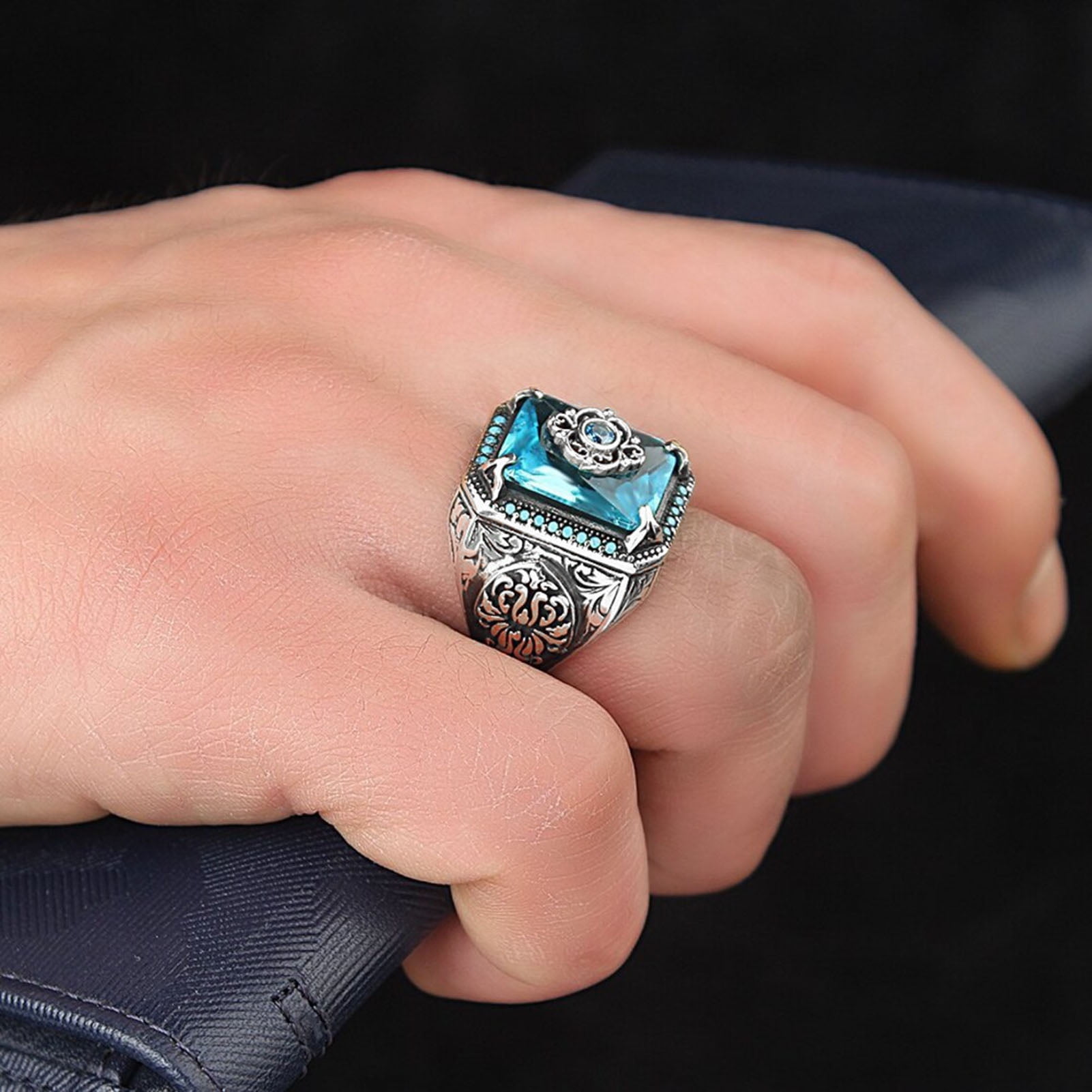 Blue Cubic Zirconia Band Ring Vintage Antique Sterling Silver Blue Cubic Zirconia Band Ring Vintage Antique Sterling Silver