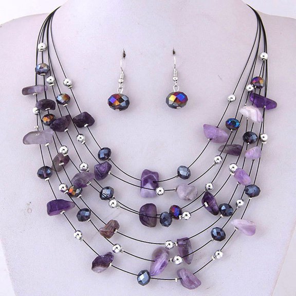 Waroomhouse Necklace Earrings Women Jewelry Set Women's Faux Crystal Multi-layered Necklace Earrings Set Bohemian Style Stone Decor Jewelry with Adjustable Neck