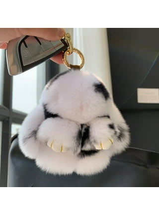 Cute Bowknot Pendent Rabbit Fur Pom Pom Keychain Bulk Fluffy Key Chain  Plush Crystal Leather Car