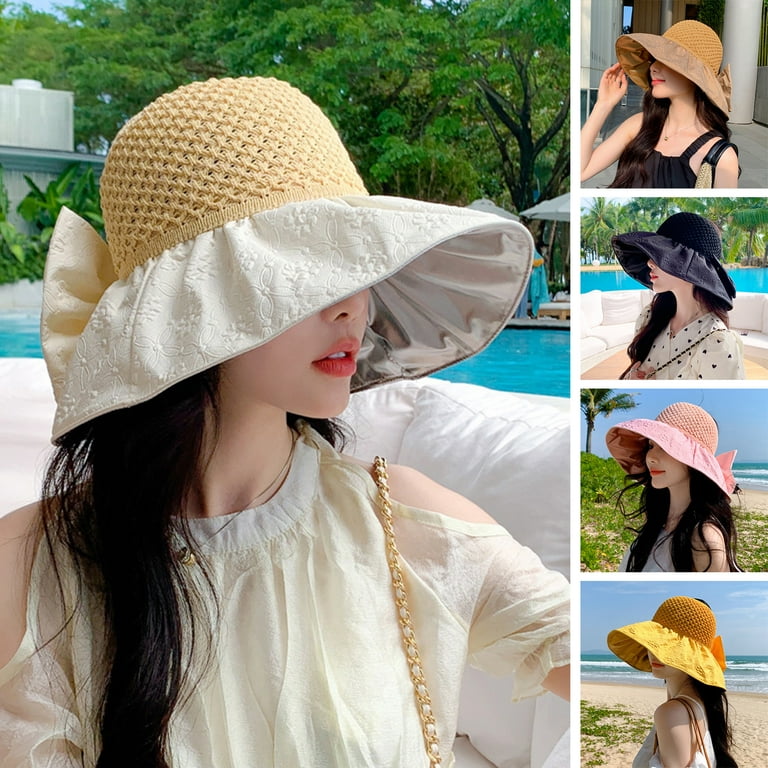 Waroomhouse Ruffle Wide Brim Sun Hat Knitting Empty Dome Bowknot Decor  Embossing Process Women Patchwork Color Travel Bucket Hat Fashion  Accessories 