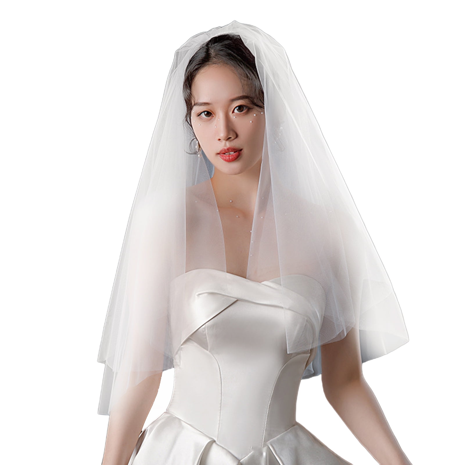 Waroomhouse White Bridal Veil Double-Layered Solid Color Wedding Veil ...