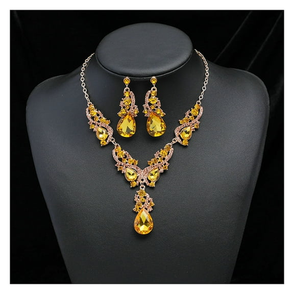 Waroomhouse Women Necklace Earrings Set Luxury Symmetric Retro Rhinestone Hollow Out Anti-allergy Hanging Earrings Bridal Wedding Prom Anniversary Jewelry Set