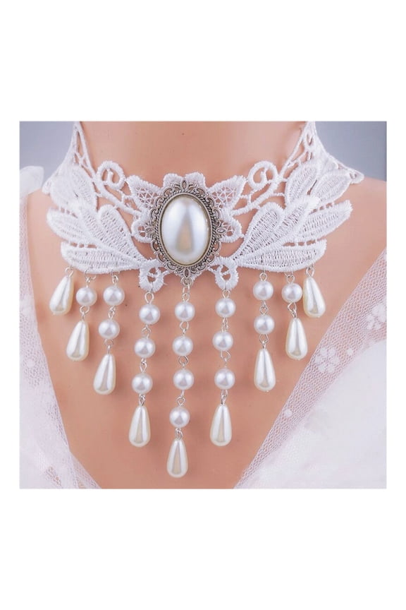 Women Party Necklace Hollow Out Lace Faux Pearl Decor Tassel Prom Cosplay Halloween Carnival Choker Wedding Performance Neck Jewelry