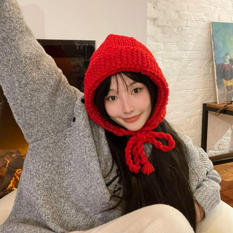 Waroomhouse Women Winter Hat Knitted Soft Solid Color String Lace Up Keep Warm Elastic Ear Lady Beanie for Students Walmart