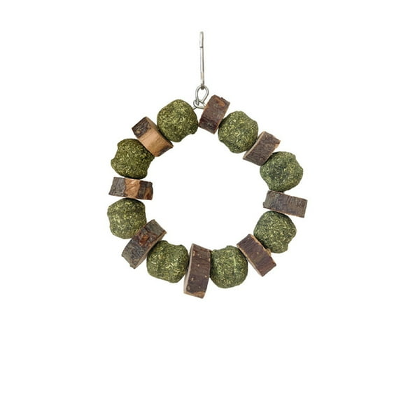 Waroomhouse Wood Block Pet Toy Hamster Chew Toy with Hanging Hook Natural Wood Grass Ball Rabbit Chinchilla Guinea Pig Gerbil Pet Bite Toy Decor Ring Small