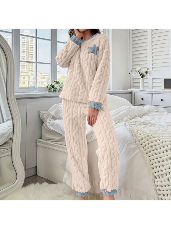 2 Piece Pajamas Sets for Women Soft Comfy Fluffy Pajama Fleece Pullover Ribbed Pjs Warm Plush Lounge Sleepwear