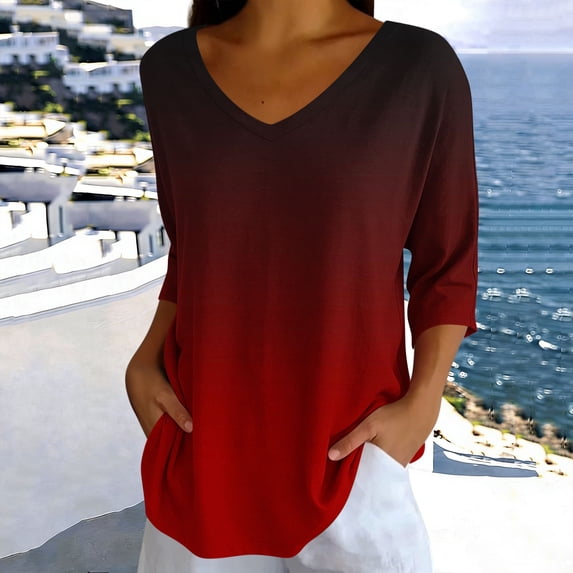 Warop 3/4 Length Sleeve Womens Tops Casual Gradient Print V Neck Basic Tees Business Work Tee Top