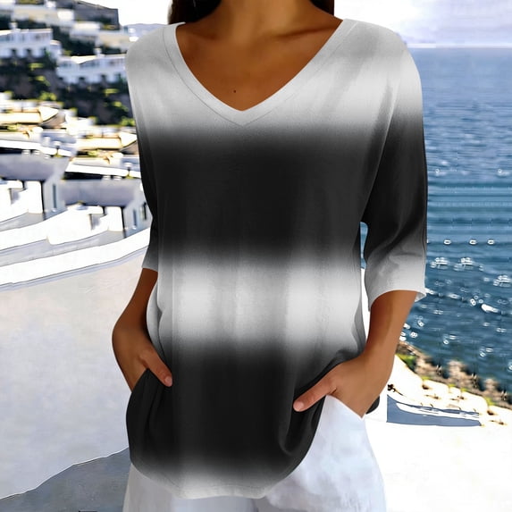 Warop 3/4 Length Sleeve Womens Tops Casual Gradient Print V Neck Basic Tees Business Work Tee Top