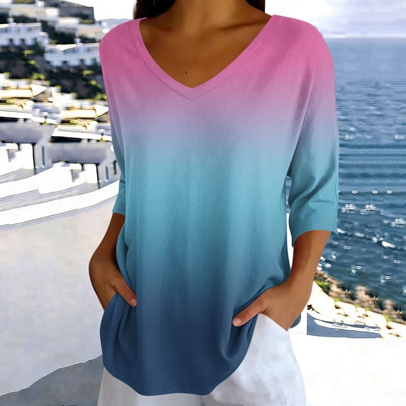 Warop 3/4 Length Sleeve Womens Tops Casual Gradient Print V Neck Basic Tees Business Work Tee Top
