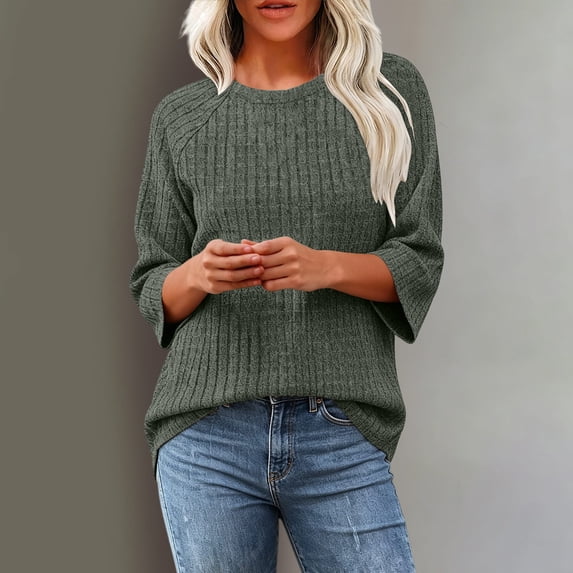 Warop 3/4 Sleeve Sweaters for Women Fall Clothes Tunic Tops Casual Solid Color Crewneck Pullover Basic Ribbed Knit Shirts