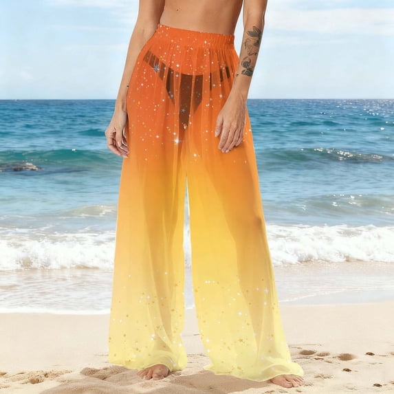 Warop Bohemian Pants for Women, Chiffon Print Lightweight Sun Protection Wide Leg Beach Cover-up Pants for Vacation and Daily Wear