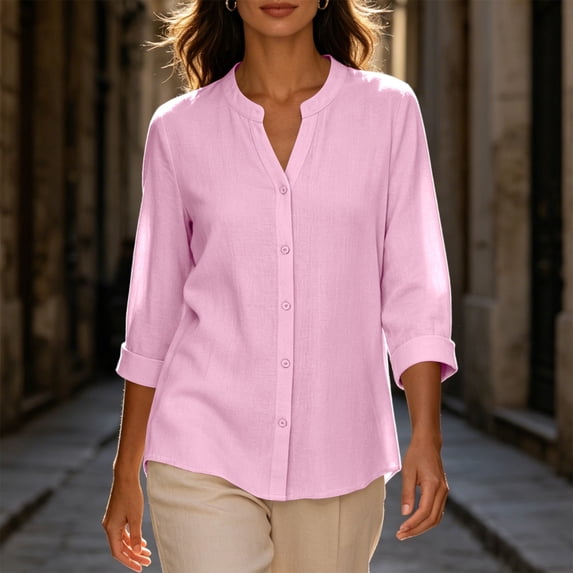 Warop Button Down Top for Women 3/4 Sleeve Linen V-Neck Shirt Fashionable Casual Loose Blouses