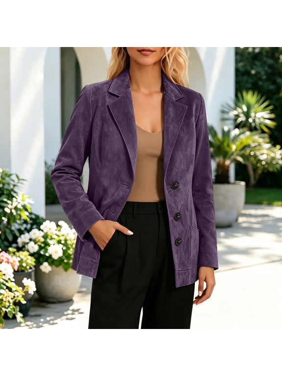 Faux Suede Blazer for Women Open Front Lapel Long Sleeve Jacket Casual Office Wear Fall Suits with Pockets