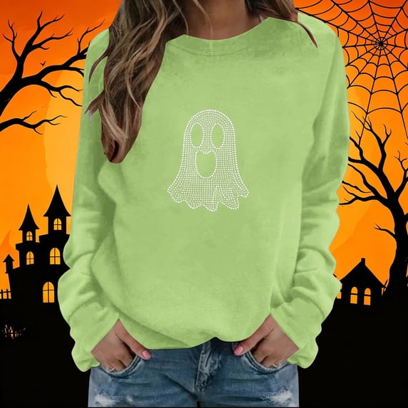 Warop Halloween Sweatshirts for Women Rhinestone Print Crew Neck Long Sleeve Shirt Loose Casual Pullover Top
