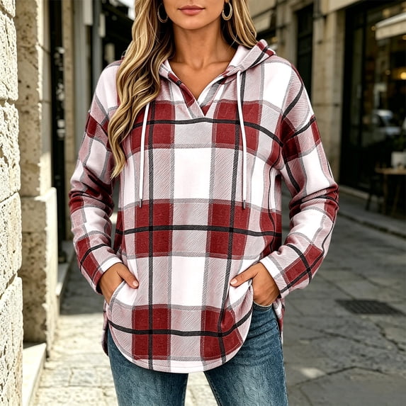 Warop Hoodies for Women Long Sleeve Drawstring V Neck Pullover Sweatshirts Shirts Loose Casual Fall Tops