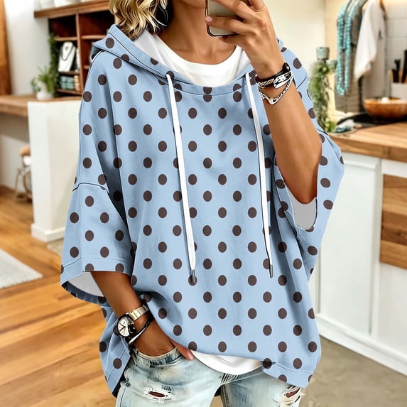 Warop Hoodies for Women Polka Dots Drawstring Sweatshirt 3/4 Sleeve Pullover with Pocket Fall Winter Outfits
