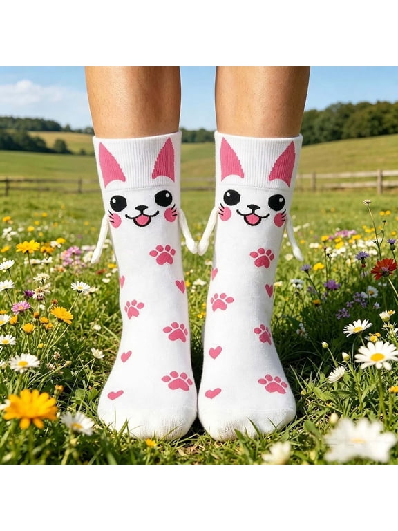 Magnetic Cat Print Socks for Women, Cute Hand Holding Animal Pair with Magnet Design, Halloween Novelty Gift for Fun