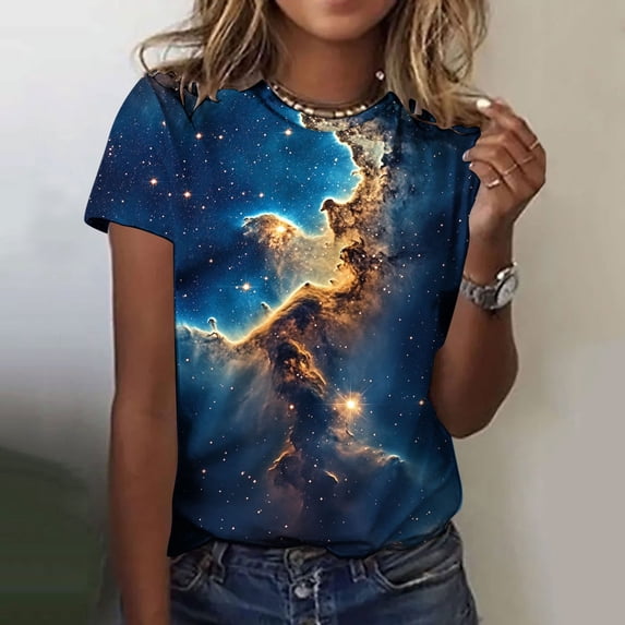Warop Men and Women's Casual T-Shirt, Starry Print Short Sleeve Round Neck Tee for Daily Wear