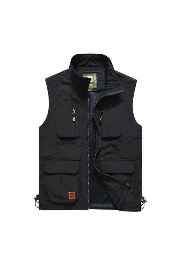 Men's Casual Vest, Loose Fit with Multiple Pockets and Pen Slot, Multi-Functional Zipper V-Neck for Outdoor Emergency and Volunteer Activities