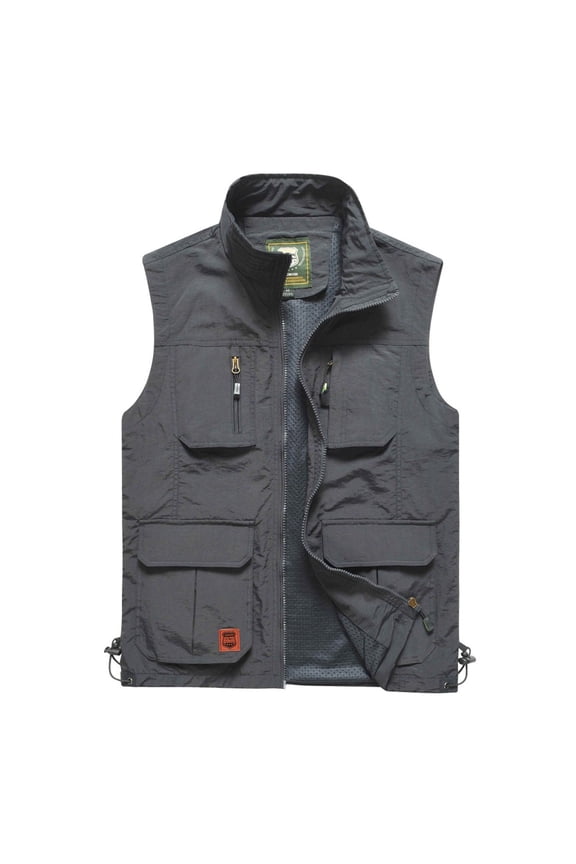 Men's Casual Vest, Loose Fit with Multiple Pockets and Pen Slot, Multi-Functional Zipper V-Neck for Outdoor Emergency and Volunteer Activities