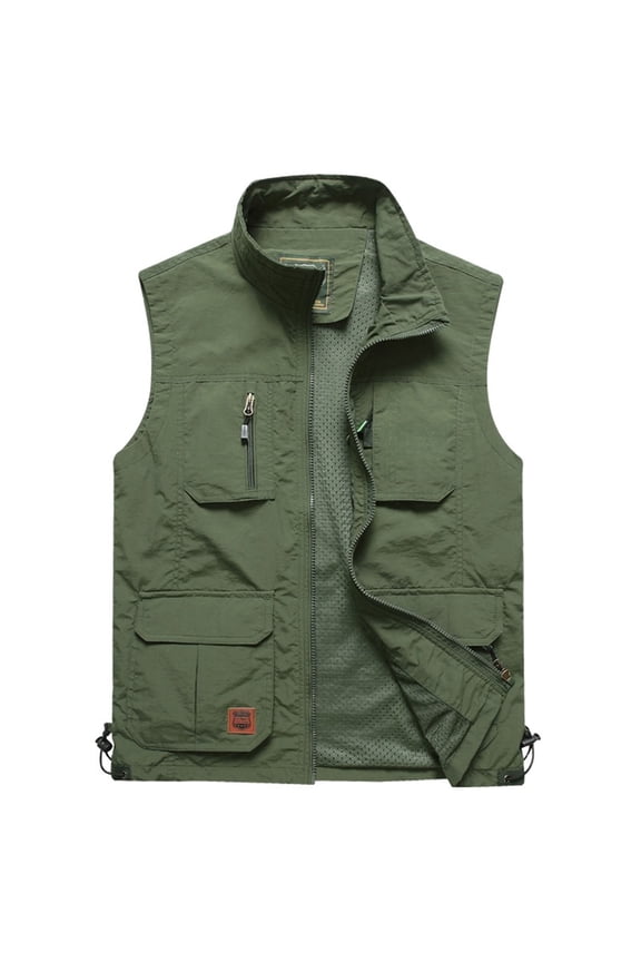 Men's Casual Vest, Loose Fit with Multiple Pockets and Pen Slot, Multi-Functional Zipper V-Neck for Outdoor Emergency and Volunteer Activities
