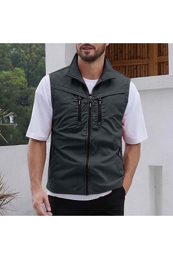 Men's Stand Collar Vest, Loose-Fit with Multiple Zipper Pockets, Multi-Functional Outdoor for Daily Wear and Hiking