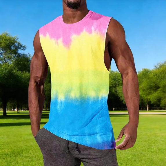 Warop Men's Workout Tank Top, Pullover Round Neck with Tie-Dye Print, for Gym and Exercise