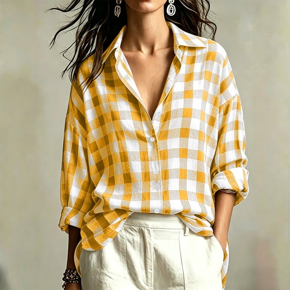 Warop Plaid Shirt for Women Fall Long Sleeve Blouses Button Down Lapel Tops Business Dressy Casual Work Outfits Clothes