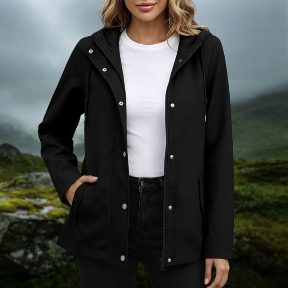 Warop Raincoat Women Lightweight Hooded Zip-Up Jacket Solid-Color Long-Sleeve Coats Waterproof Windproof Travel Jacket