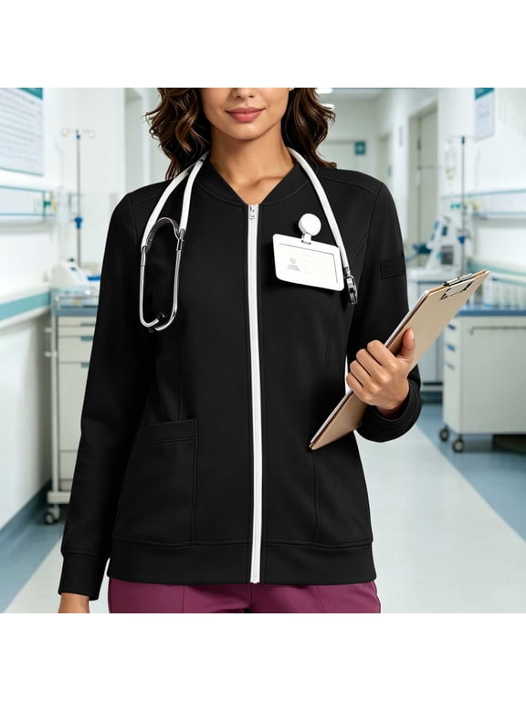 Scrub Jackets for Women Zipper Bomber Jacket Medical Nurse Coats with Pockets Sleeve Pen Hole Insertion