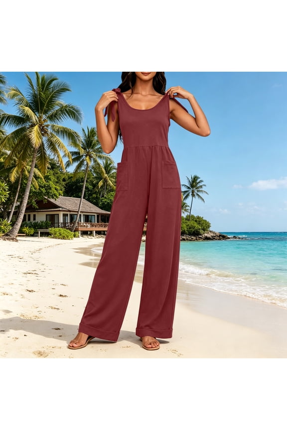 Wide Leg Jumpsuit for Women, Summer Solid Color with Tie Waist and Pockets, Casual Loose Fit Romper for Daily Wear and Outgoing