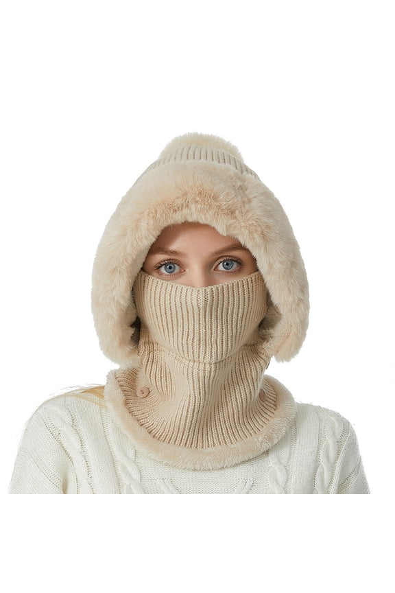 Winter Knit Hat for Woman with Attached Scarf, Color-Blocked , Pom-Pom Detail, Warm and Cozy for Daily Use and Outdoor Activities