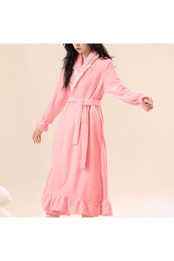 Woman's Long Sleeve Coral Fleece Robe, Solid Color with Warm Pockets and Ruffle, for Home Lounge and Bath