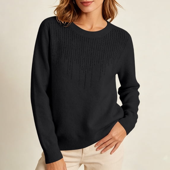 Warop Womans Crew Neck Sweater, Long Sleeve Rhinestone Embellished Pullover, Distressed Hem Solid Top for Winter Wear