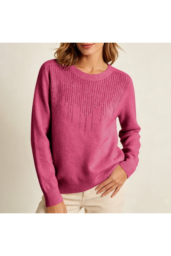 Womans Crew Neck Sweater, Long Sleeve Rhinestone Embellished Pullover, Distressed Hem Solid Top for Winter Wear