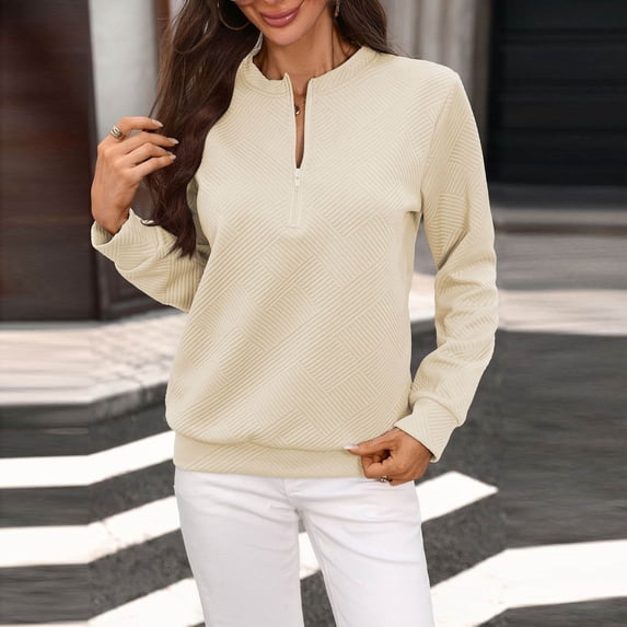 Warop Womans Mock Neck Pullover, Half Zip Long Sleeve Solid Top, Relaxed Fit Casual Sweater for Daily Lounge Outing