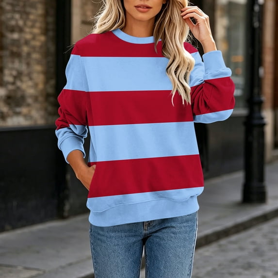 Warop Women Long Sleeve Striped Shirt Crewneck Pullover Top Casual Loose Streetwear Rugby Sweatshirt