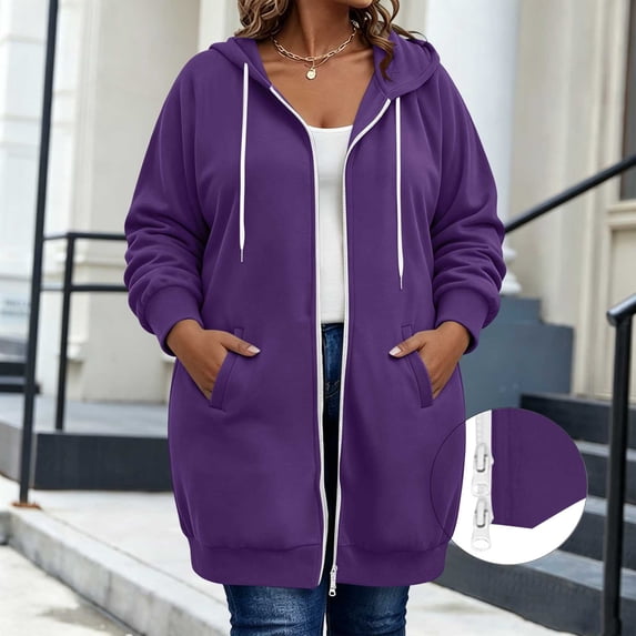 Warop Women Plus Size Hooded Sweatshirt, Long Sleeve Zip Up Drawstring Long Pocket Pullover for Casual