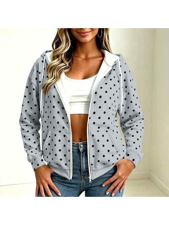 Women Polka Dot Jacket, Hooded Long Sleeve Zip Up Drawstring Printed Coat for Casual and Outdoor