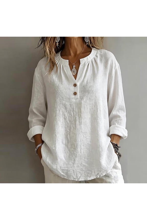 Women V Neck Shirt, Long Sleeve Half Button Pullover Solid Color Loose Blouse for Casual Wear