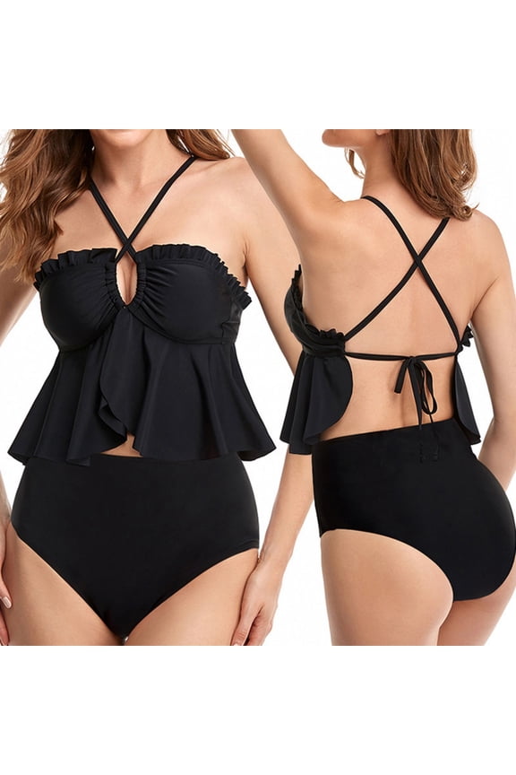Women's 2-Piece Bikini Set, Halter Neck with Ruffle Detail, Tummy Control Slimming High-Waisted for Beach and Swimming