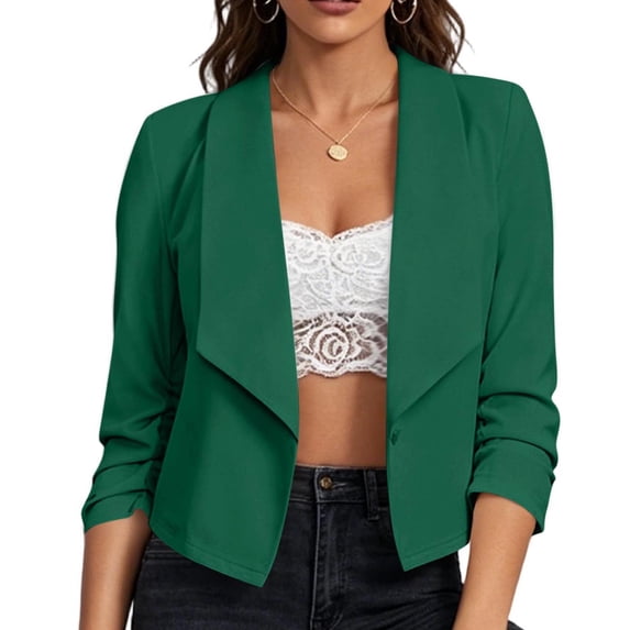 Warop Women's 3/4 Ruched Sleeve Cropped Blazer Elegant Tailored Fit Classic Notched Lapel Suit Jacket