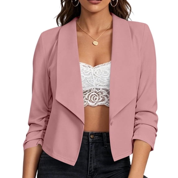 Warop Women's 3/4 Ruched Sleeve Cropped Blazer Elegant Tailored Fit Classic Notched Lapel Suit Jacket