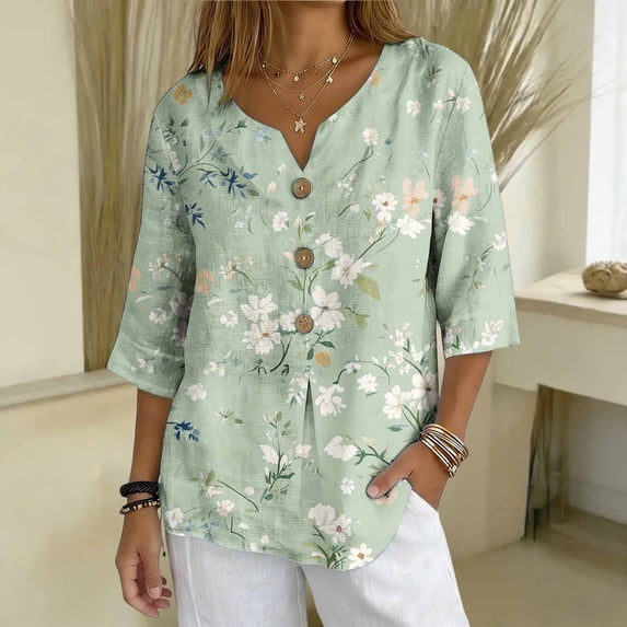 Warop Women's 3/4 Sleeve Tops Fashionable Printed V-Neck Blouse Loose Fit Pullover T Shirts with Decorative Buttons